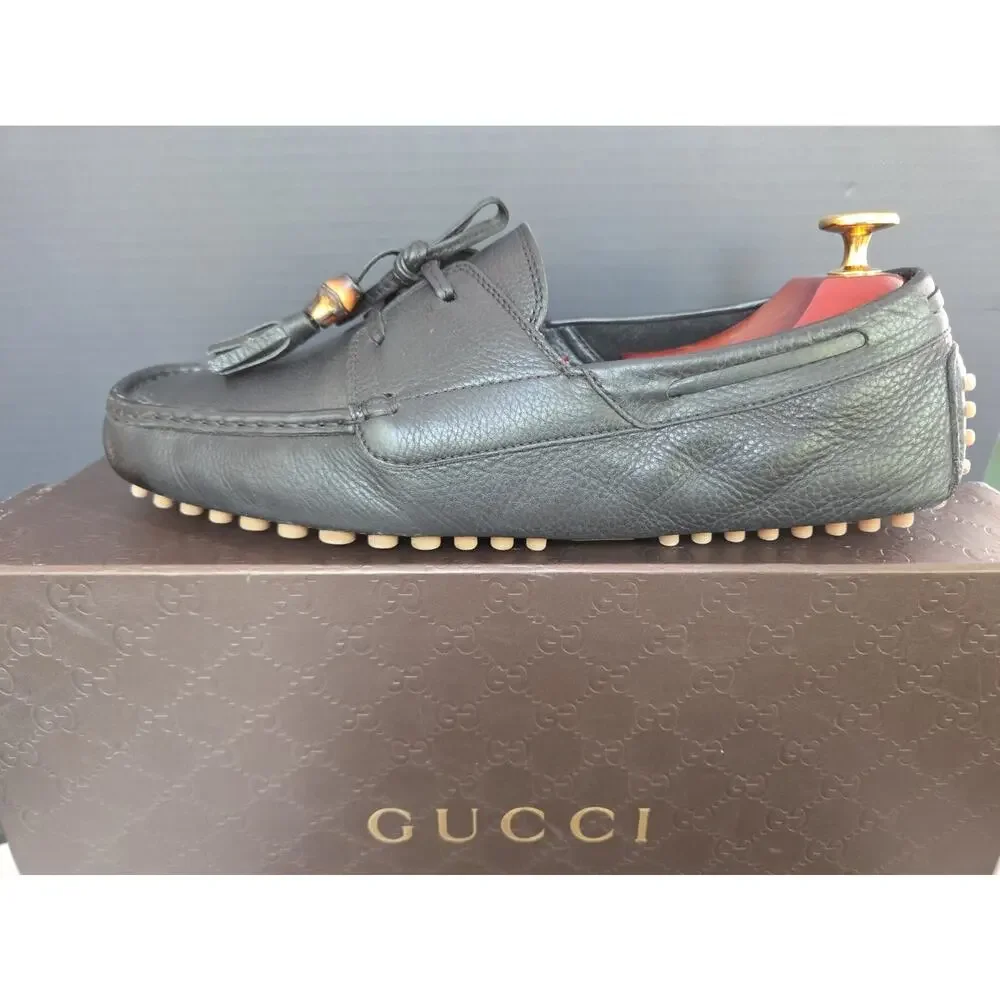 GUCCI Loafers Leather Shoes Laces Tassels Bamboo Navy Men's Size UK 8 Us8.5